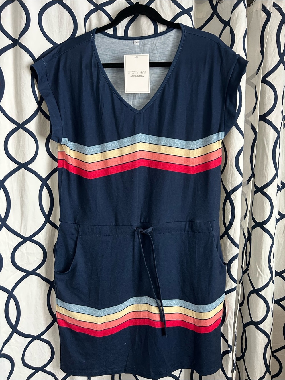 Women's Navy V-Neck Stripe Drawstring Dress